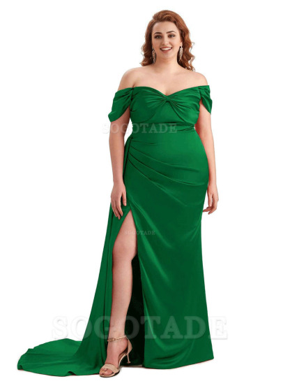  Sexy Side Slit Off The Shoulder Mermaid Soft Satin Long Plus Size Bridesmaid Dress For Wedding