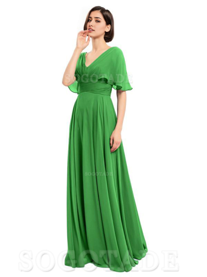  V-Neck Cap Sleeves Sleeves Chiffon Long Elegant Bridesmaid Dresses Formal Wear Dresses