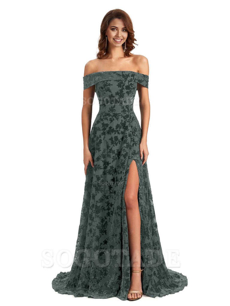 A-Line Off Shoulder Lace Velvet formal dresses evening gown Bridesmaid Dresses With Side Slit