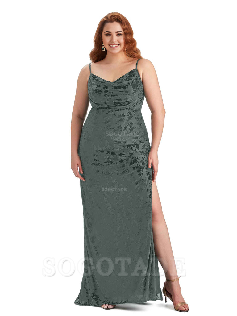 Sexy Side Slit Spaghetti Straps Mermaid Floral Velvet Long Plus Size Bridesmaid Dresses For Wedding