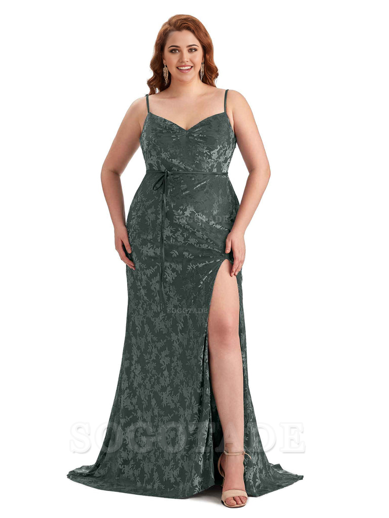 Sexy Side Hight Split Sleeveless Mermaid Spaghetti Straps Floral Velvet Long Plus Size Bridesmaid Gowns