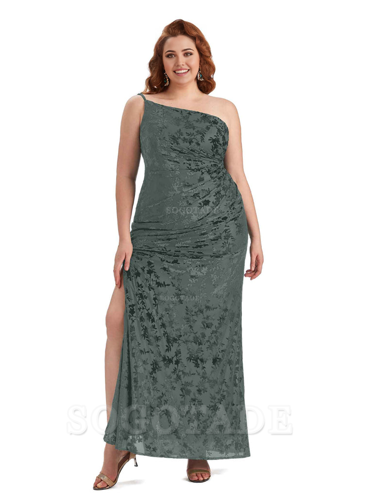 Sexy Mermaid Sleeveless One Shoulder Side Slit Floral Velvet Long Plus Size Bridesmaid Dresses