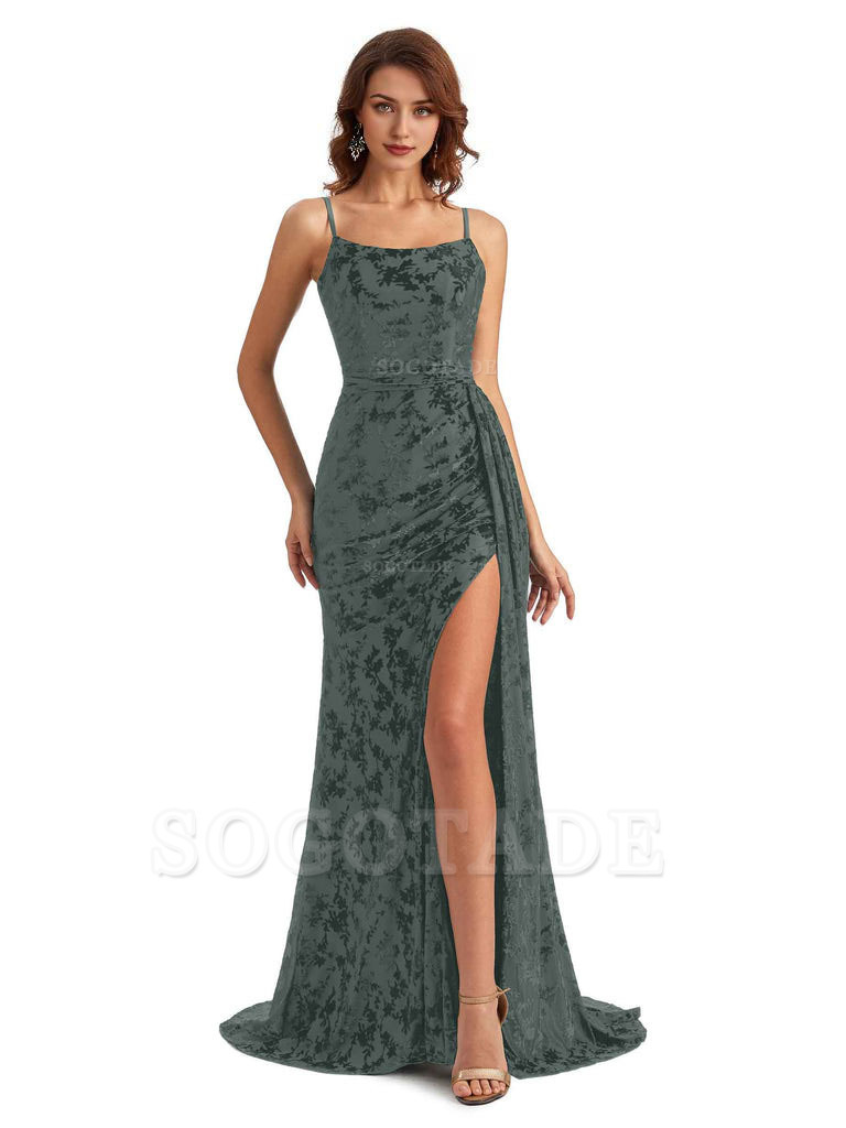Sexy Side Slit Spaghetti Straps Mermaid Floral Velvet Long Wedding Guest Dresses
