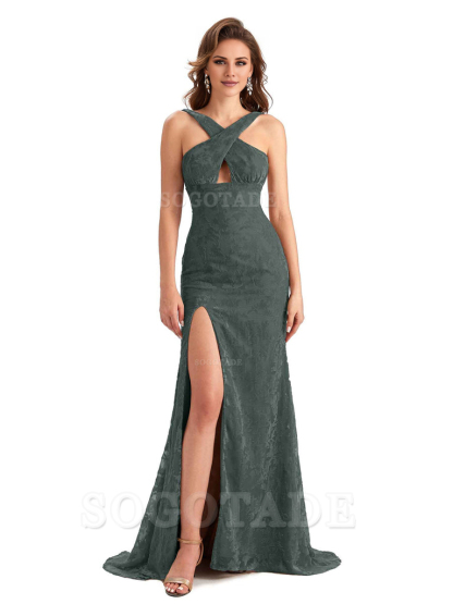 Sexy Side Slit Mermaid Cultivate oneself Lace Floral Velvet Long Bridesmaid Dresses Formal Women's Dresses Wedding Guests Dresses