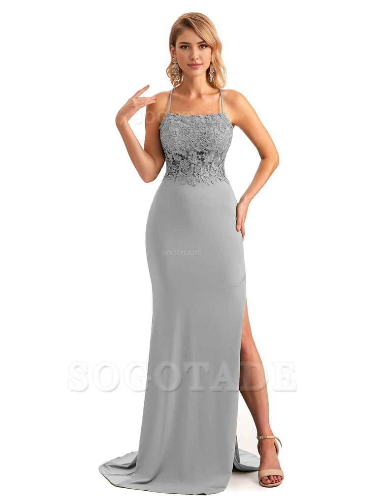 Sexy Side Slit Spaghetti Straps Open Back Mermaid Lace Applique Long Formal Bridesmaid Dresses