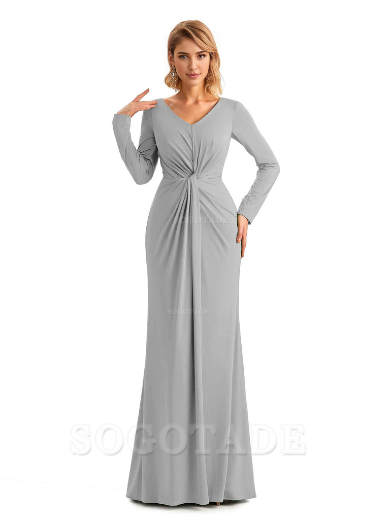 Elegant Simple Mermaid Pleats V-neck Long-Sleeves Floor Length Long Formal Bridesmaid Dresses