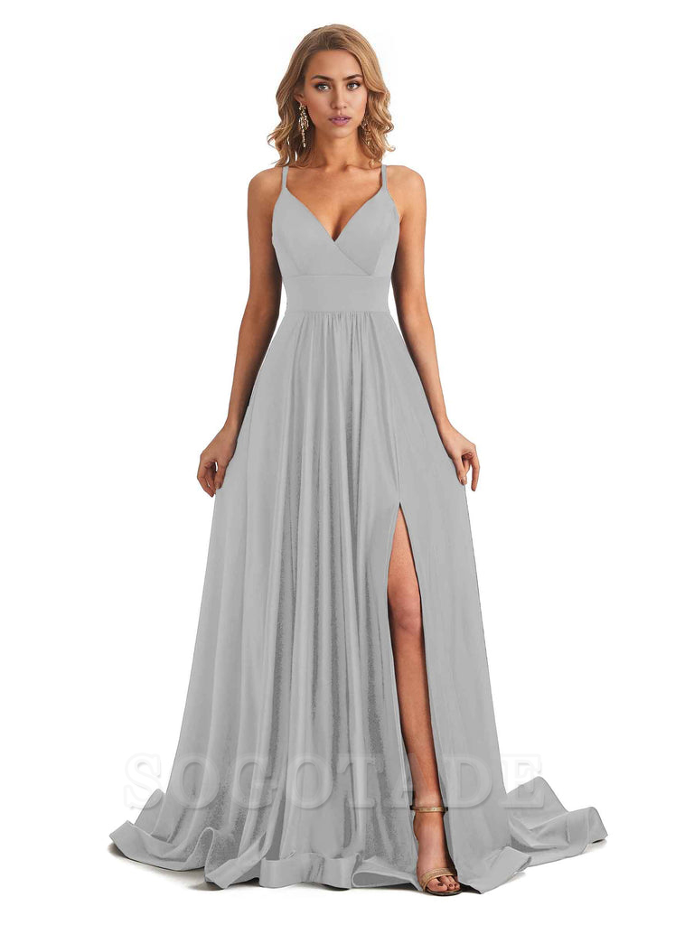 Elegant Spaghetti Straps A-Line Long Formal Bridesmaid Dresses With Side Slit Stretchy Jersey Elegant Evening Party Dress