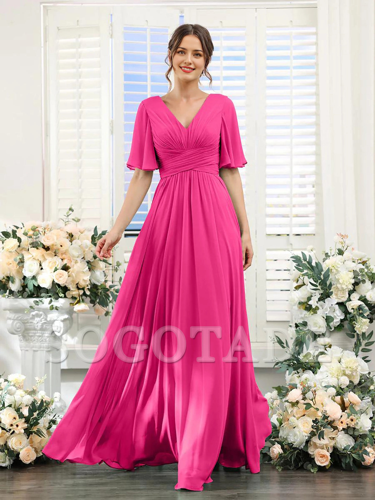 A-shaped V-shaped leader bridesmaid dress, suitable for wedding guests, long chiffon formal slit party dress