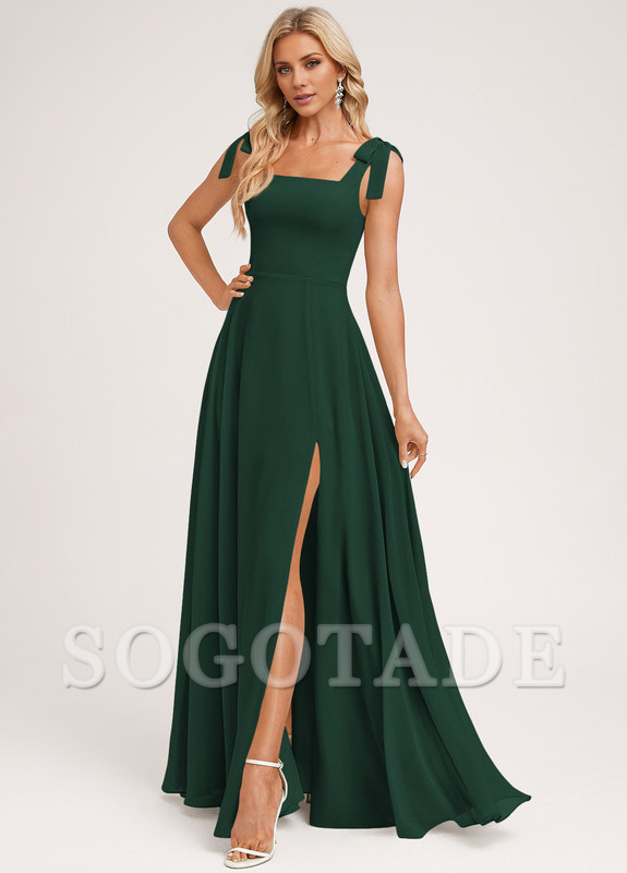 A-shaped square bow landing chiffon bridesmaid dress