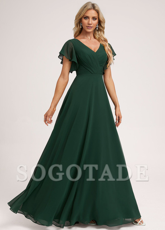 Ruffle A-line V-neck and floor chiffon bridesmaid dress