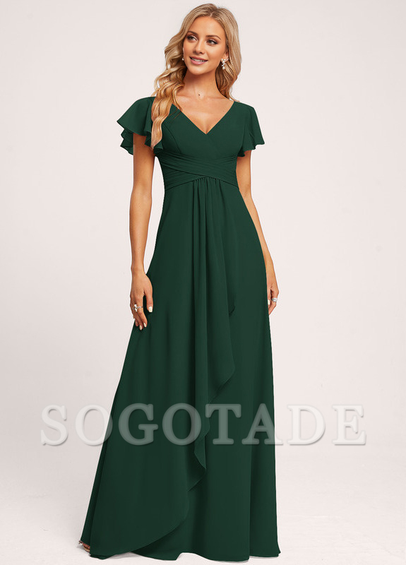 Ruffle A-line V-neck and floor chiffon bridesmaid dress