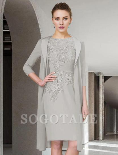 Two Piece Sheath / Column Mother of the Bride Dress Fall Wedding Guest Church Plus Size Elegant Jewel Neck Knee Length Chiffon Lace Half Sleeve Wrap Included Jacket Dresses with Ruched Appliques