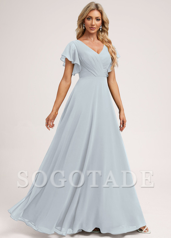 Ruffle A-line V-neck and floor chiffon bridesmaid dress