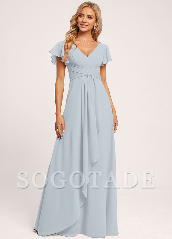 Ruffle A-line V-neck and floor chiffon bridesmaid dress