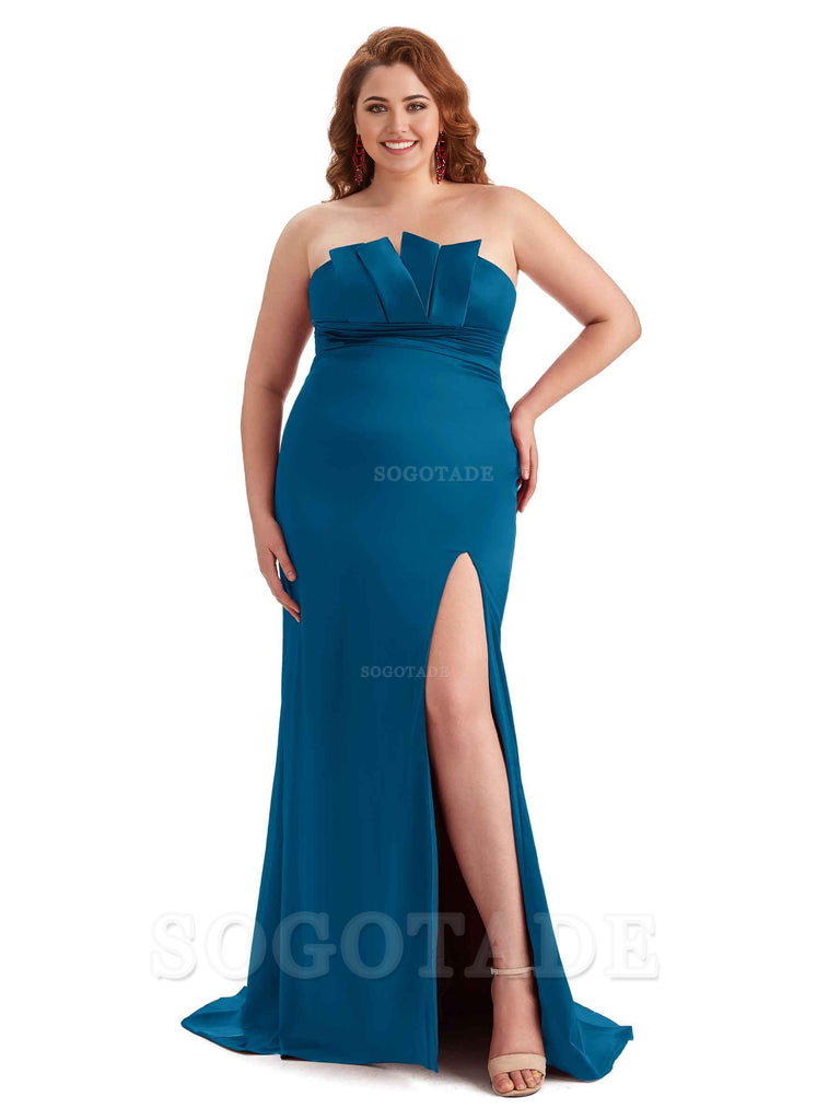 Sexy Side Slit Sleeveless Mermaid Soft Satin Long Plus Size Wedding Party Dresses For Wedding