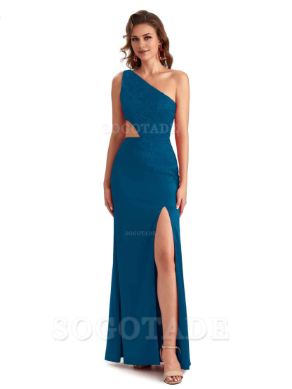 Sexy Side Slit Mermaid Lace Silky Satin One Shoulder Chic Long Bridesmaid Dresses