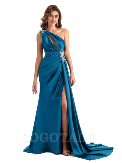 Sexy Side Slit Mermaid Soft Satin One Shoulder Lace Long Modern Bridesmaid Dresses