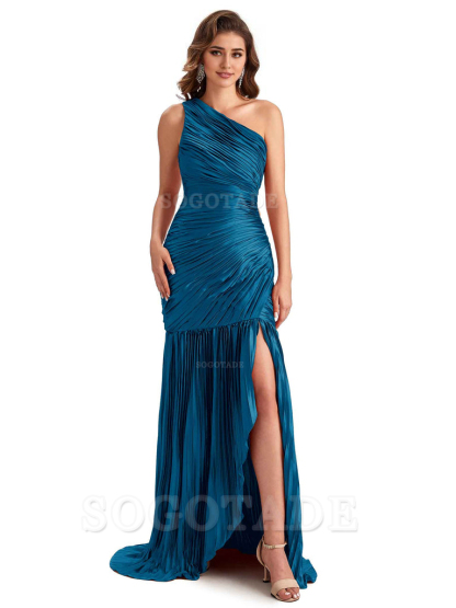 Sexy Side Slit Mermaid Soft Satin One Shoulder Long Ladies Bridesmaid Dresses Online