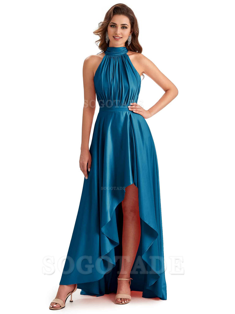 Soft Satin High Neck High Low A-Line Unique Bridesmaid Dresses Online