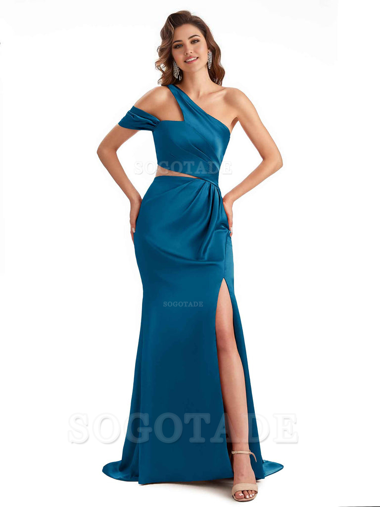 Sexy Side Slit Mermaid Soft Satin One Shoulder Long Unique Bridesmaid Dresses