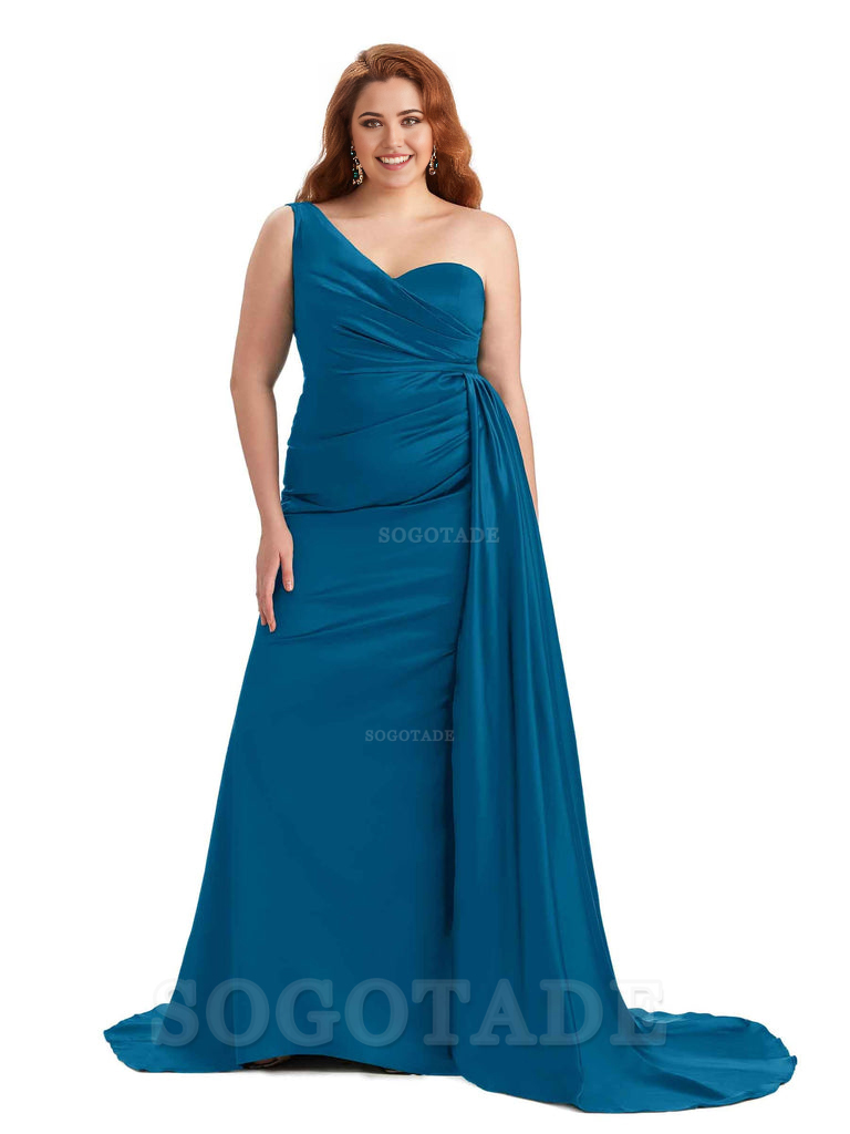 Sexy One Shoulder Sleeveless Mermaid Soft Satin Long Plus Size With Train Bridesmaid Gowns