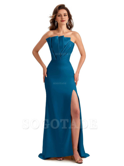 Unique Soft Satin Side Slit Asymmetrical Neckline Mermaid Long Bridesmaid Dresses