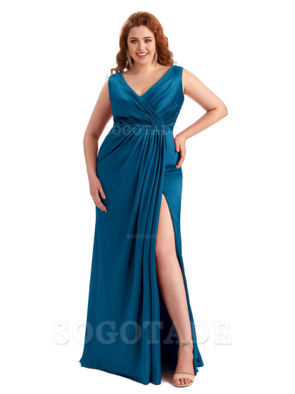 Mermaid V-Neck Satin formal dresses evening gown Bridesmaid Dresses With Side Slit 