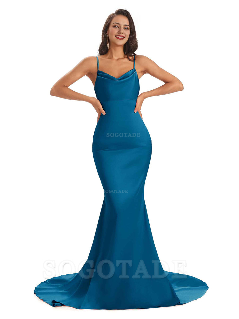 Sexy Backles Soft Satin Spaghetti Straps Maxi Mermaid Bridesmaid Dresses Online prom shop dresses
