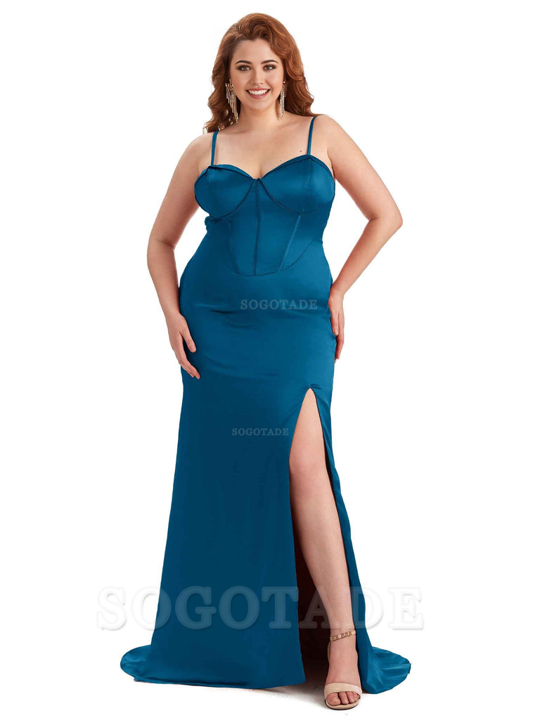 Sexy Spaghetti Straps Side Slit Sleeveless Mermaid Soft Satin Long Bridesmaid Dress Plus Size Dress To Wear to a Wedding