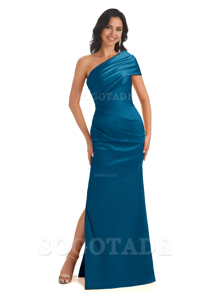Mermaid One Shoulder Satin Long formal dresses evening gown Bridesmaid Dresses With Side Slit 