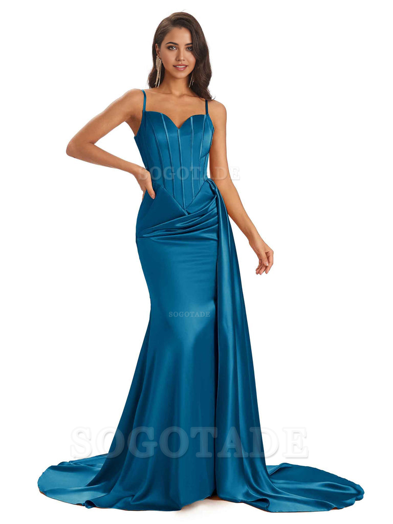 Sheath Spaghetti Satin Straps Floor-Length formal dresses evening gown Bridesmaid Dresses