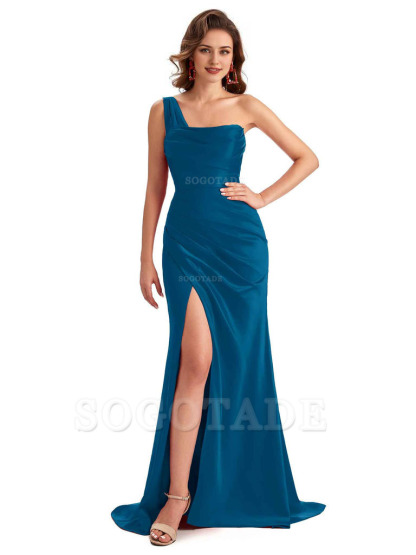 Sexy One Shoulder Side Slit Silky Satin Chic Long Mermaid Trumpet Bridesmaid Dress
