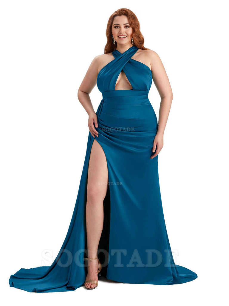 Sexy Halter Side Hight Slit Sleeveless Mermaid Soft Satin Long Plus Size Bridesmaid Dress For Wedding