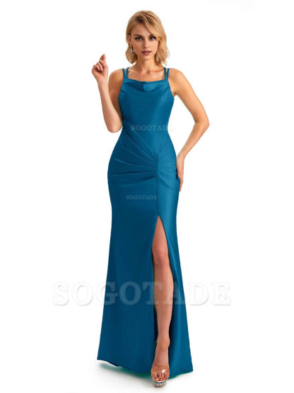 Soft Satin Spaghetti Straps Side Slit Long Unique Mermaid Beautiful Dresses For Wedding