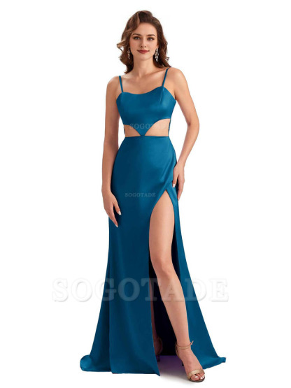 Sexy Satin Side Slit Spaghetti Straps Mermaid Long Unique Curve Wedding Guest Dresses