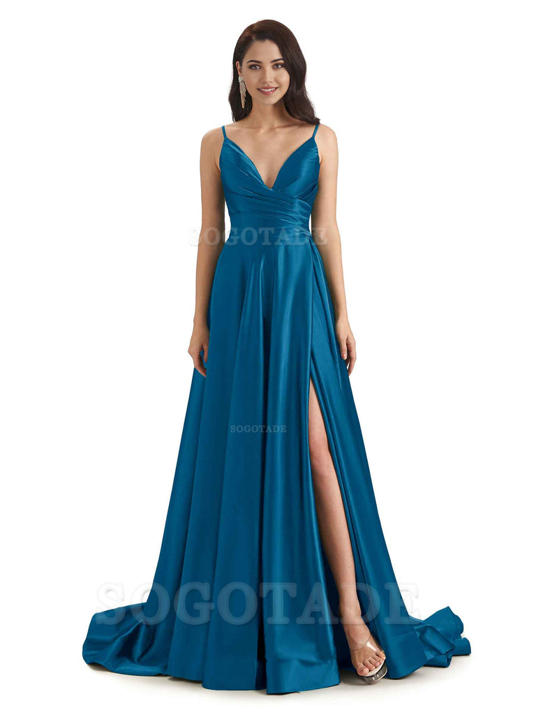 Spaghetti Straps Satin formal dresses evening gown Bridesmaid Dresses With Side Slit 
