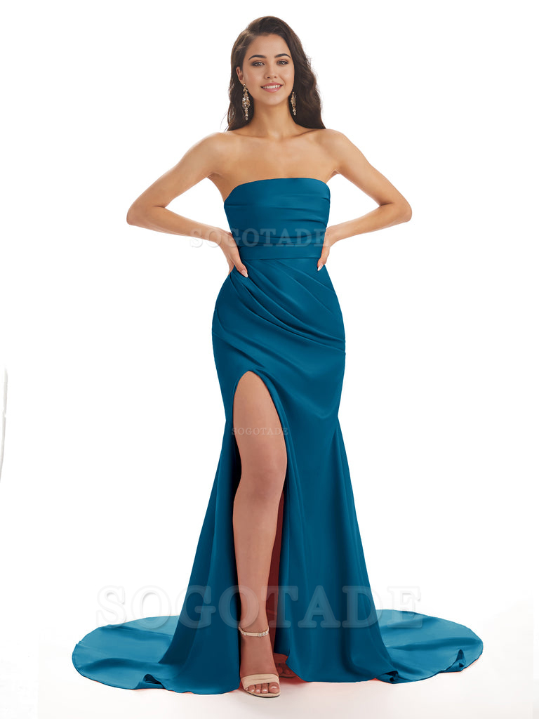 Mermaid Strapless Floor-Length Satin formal dresses evening gown Bridesmaid Dresses With Side Slit 