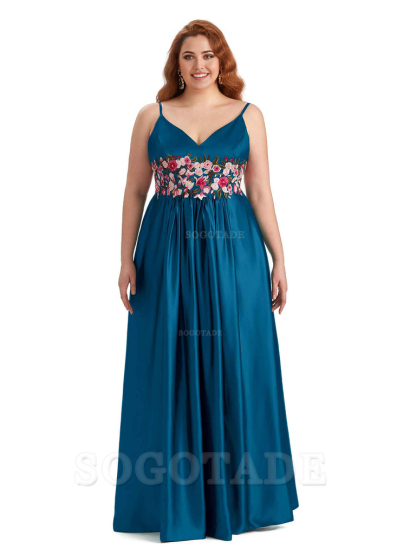Unique Lace Spaghetti Straps Sleeveless Soft Satin Long Plus Size Bridesmaid Dress For Wedding