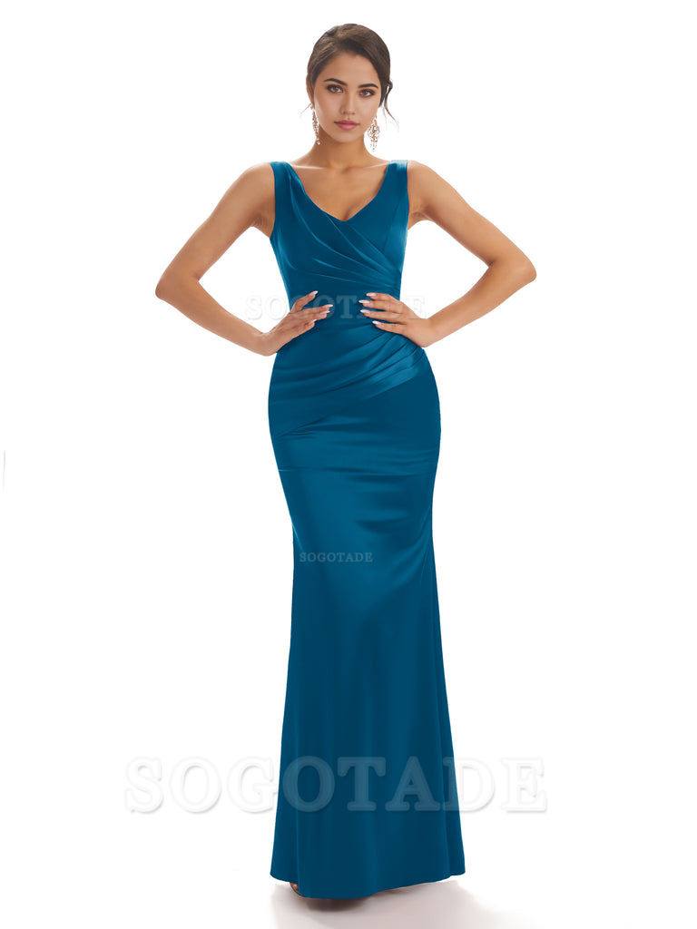 Sheath Sleeveless V-neck Floor-Length Satin formal dresses evening gown Bridesmaid Dresses With Pleats 