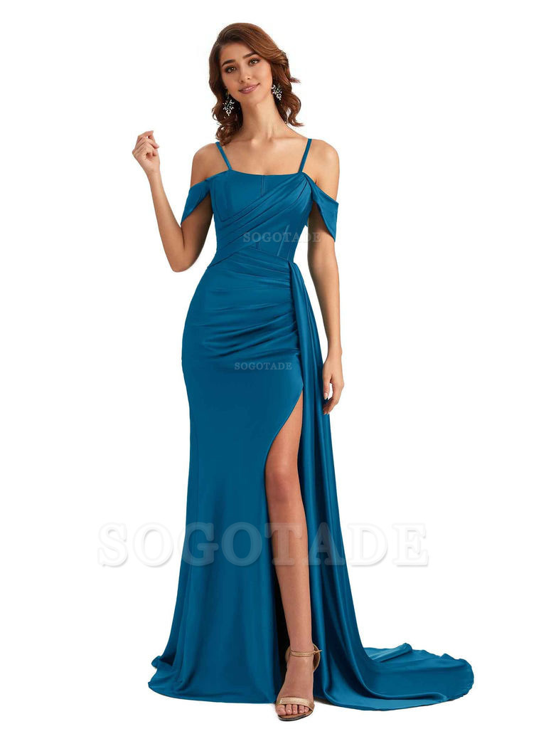 Sexy Side Slit Cold Shoulder Mermaid Satin Chic Long Wedding Guest Dresses