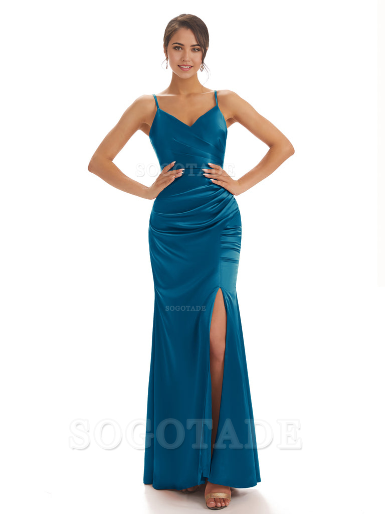 Spaghetti Straps Pleats Satin formal dresses evening gown Bridesmaid Dresses With Side Slit 