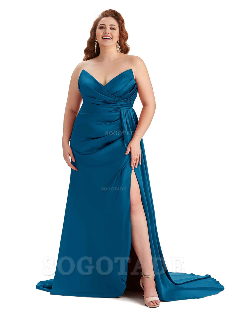 Sexy V-neck Side Slit Sleeveless Mermaid Soft Satin Long Plus Size Bridesmaid Gowns
