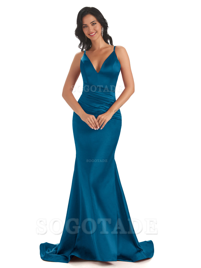 Mermaid Spaghetti V-Neck Straps Satin Long formal dresses evening gown Bridesmaid Dresses With Side Slit 