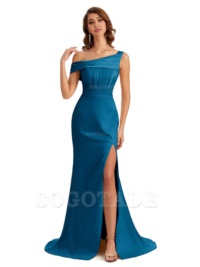 Elegant Asymmetrical Neck Soft Satin Side Slit Long Mermaid Bridesmaid Dresses