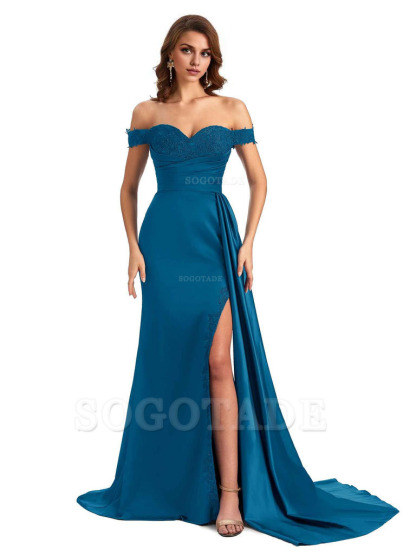 Sexy Off The Shoulder Mermaid Side Slit Silky Satin Long Bridesmaid Dress For Wedding