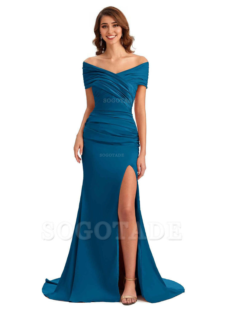 Sexy Off The Shoulder Side Slit Mermaid Satin Unique Long Formal Wedding Guest Dresses