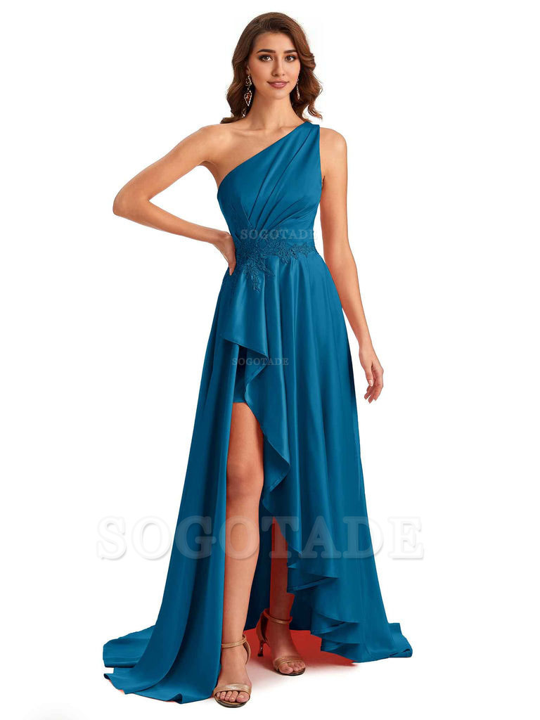 Sexy One Shoulder A-Line High Low Silky Satin Lace Long Formal Wedding Guest Dresses