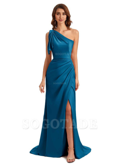 Sexy One Shoulder Mermaid Side Slit Unique Silky Satin Bridesmaid Dresses 