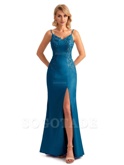 Sexy Side Split Mermaid Spaghetti Straps Soft Satin Unique Lace Long Bridesmaid Dresses