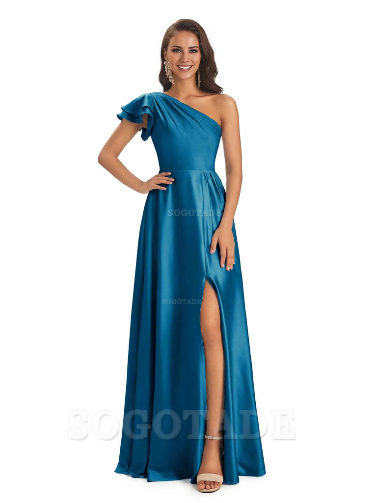 A-Line One Shoulder Ladies Long Bridesmaid Dresses Soft Satin Side Slit Elegant Evening Party Dress
